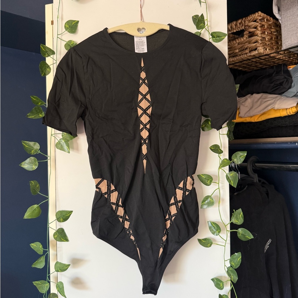 Wolford Sheer Opaque Black Lacing String Forming Short Sleeve Bodysuit Size M